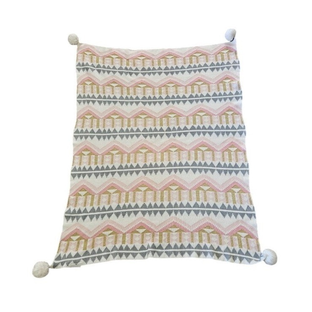 Emily & Meritt Pottery Barn Kids Pink Gold Metallic Geometric Pom Pom Blanket